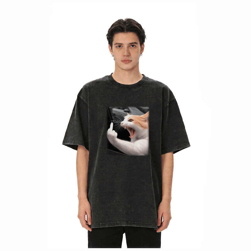 アングリーキャット グラフィックModakawaユニセックス ヴィンテージウォッシュドTシャツ - image 3