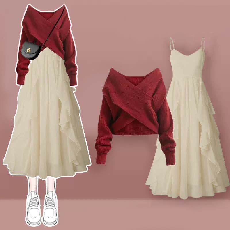 クロスニットセーターのフリル付きスリップドレスのマッチングアウトフィット - Red Set - XL - image 4