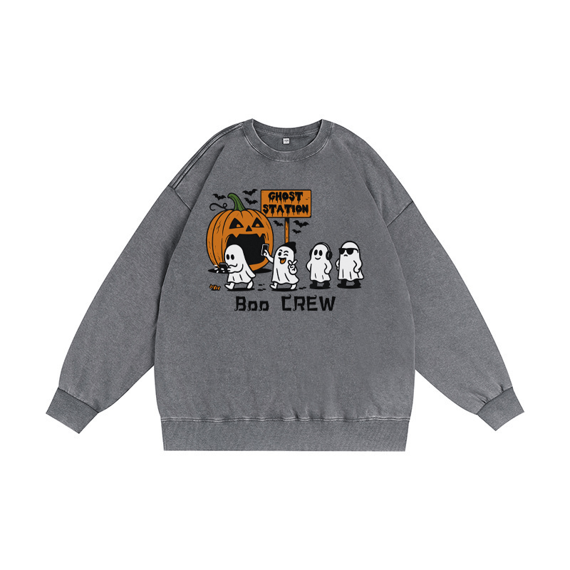 BOO CREW ユニセックス ヴィンテージ ウォッシュド スウェットシャツ ゴースト パンプキン ハロウィン グラフィック クルーネック プルオーバー - グレー - 3XL - image 3