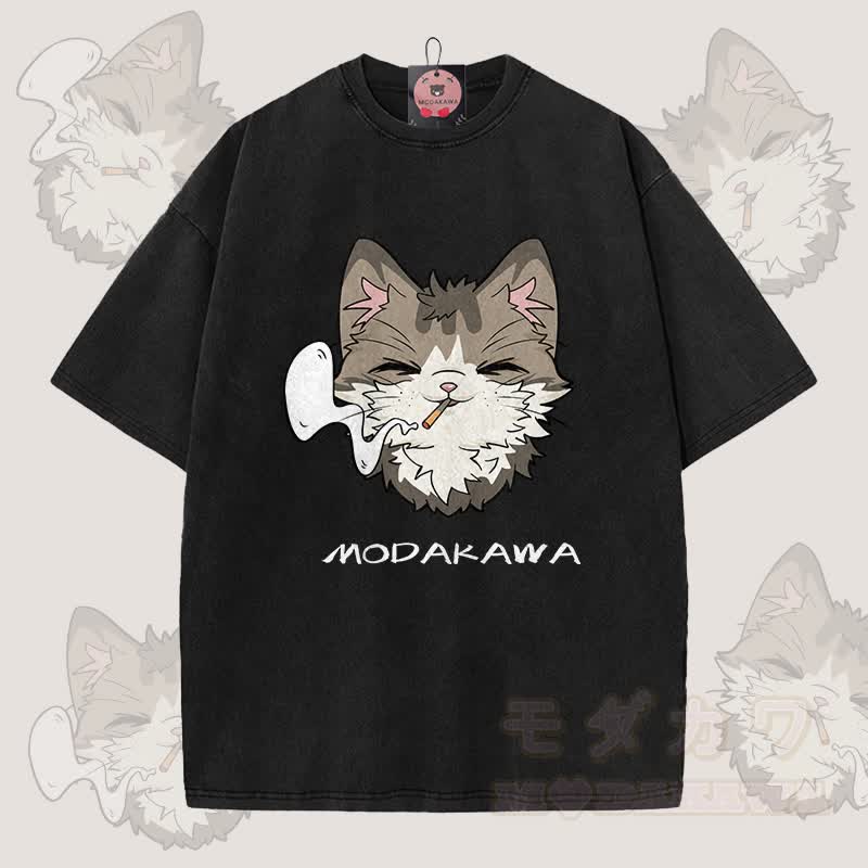 MODAKAWA スモーキングキャットグラフィック ユニセックス ヴィンテージウォッシュTシャツ - 黒 - 5XL - image 9