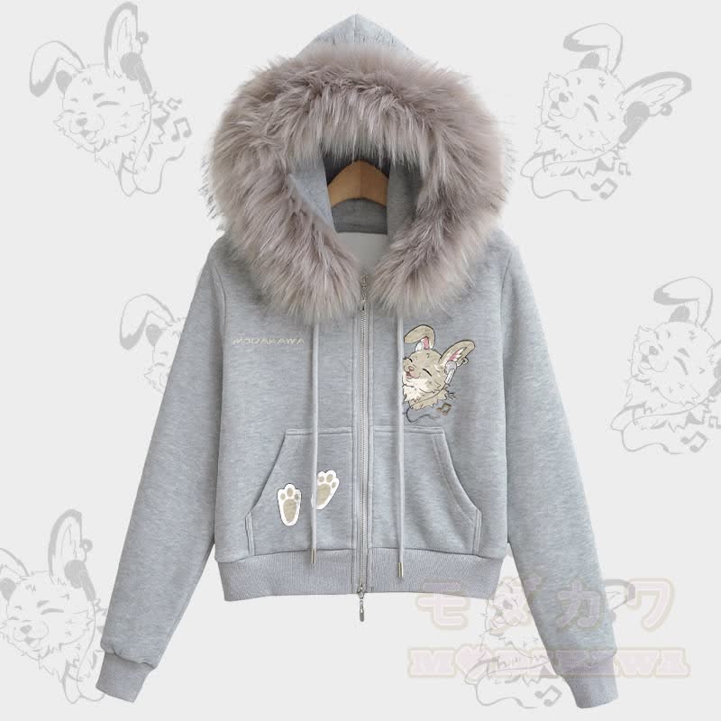 MODAKAWA チアフルナビバニーグラフィック フリース裏地 フェイクファートリム ジップアップパーカー - グレー - L - image 3