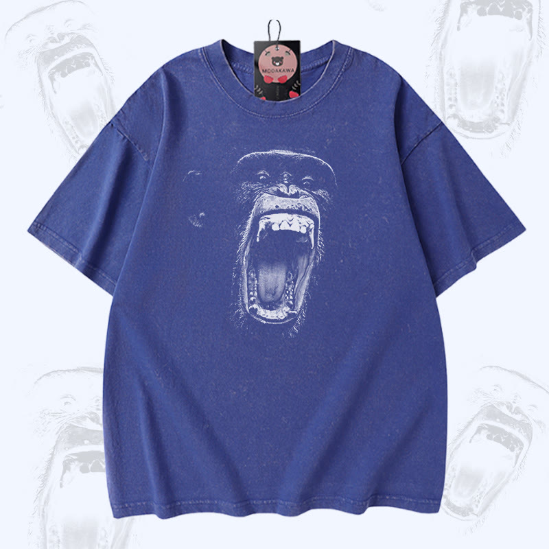 Roaring Ape グラフィックModakawaユニセックス ヴィンテージウォッシュ Tシャツ - Blue - 5XL - image 2
