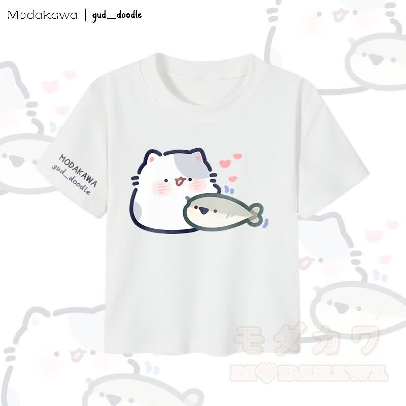 MODAKAWA x gud_doodleキティと魚のグラフィック レディース クロップドTシャツ 92% コーマ綿クロップトップ - 白 - XL - image 4