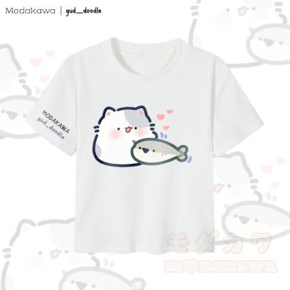 MODAKAWA x gud_doodleキティと魚のグラフィック レディース クロップドTシャツ 92% コーマ綿クロップトップ - 白 - XL - image 4