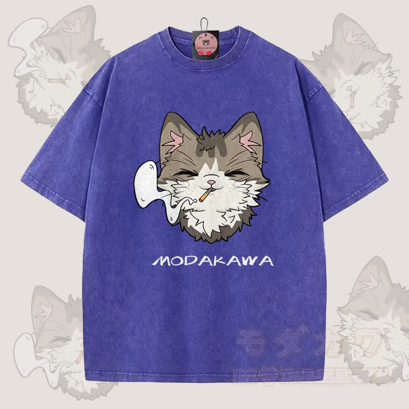 MODAKAWA スモーキングキャットグラフィック ユニセックス ヴィンテージウォッシュTシャツ - 青 - 5XL - image 3
