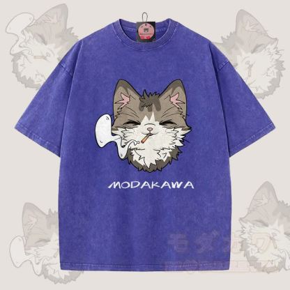 MODAKAWA スモーキングキャットグラフィック ユニセックス ヴィンテージウォッシュTシャツ - 青 - 5XL - image 3