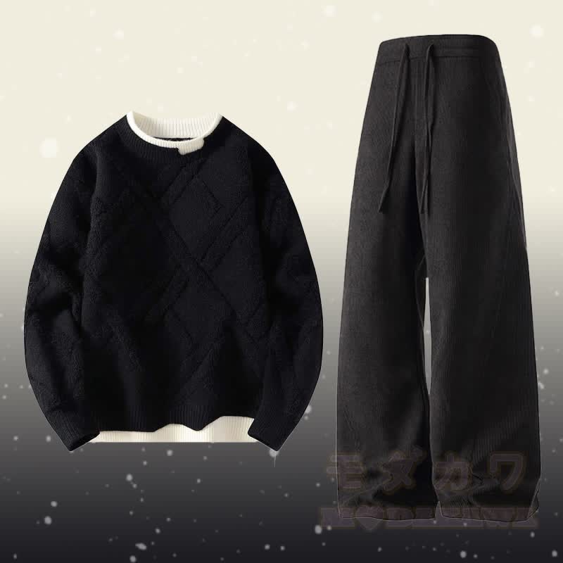 フェイクレイヤードニットセーター コーデュロイパンツ ツーピース - セットD - 4XL - image 4