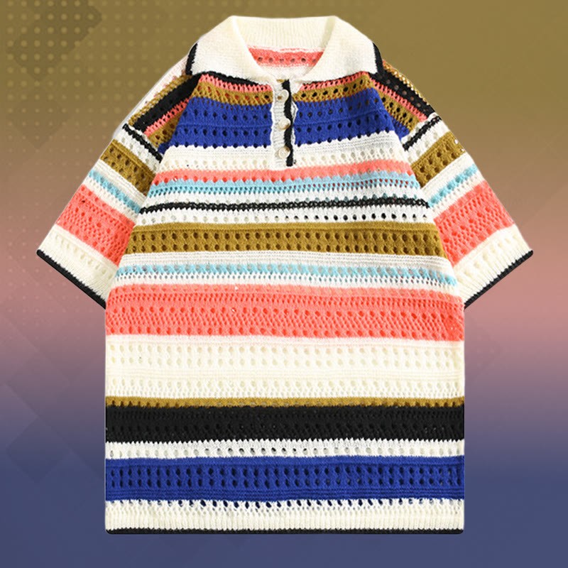 ストライプオープンニットポロシャツ 速乾ドローストリングカーゴショーツModakawaマッチングアウトフィット - Multicolor Shirt (Single) - 2XL - image 6