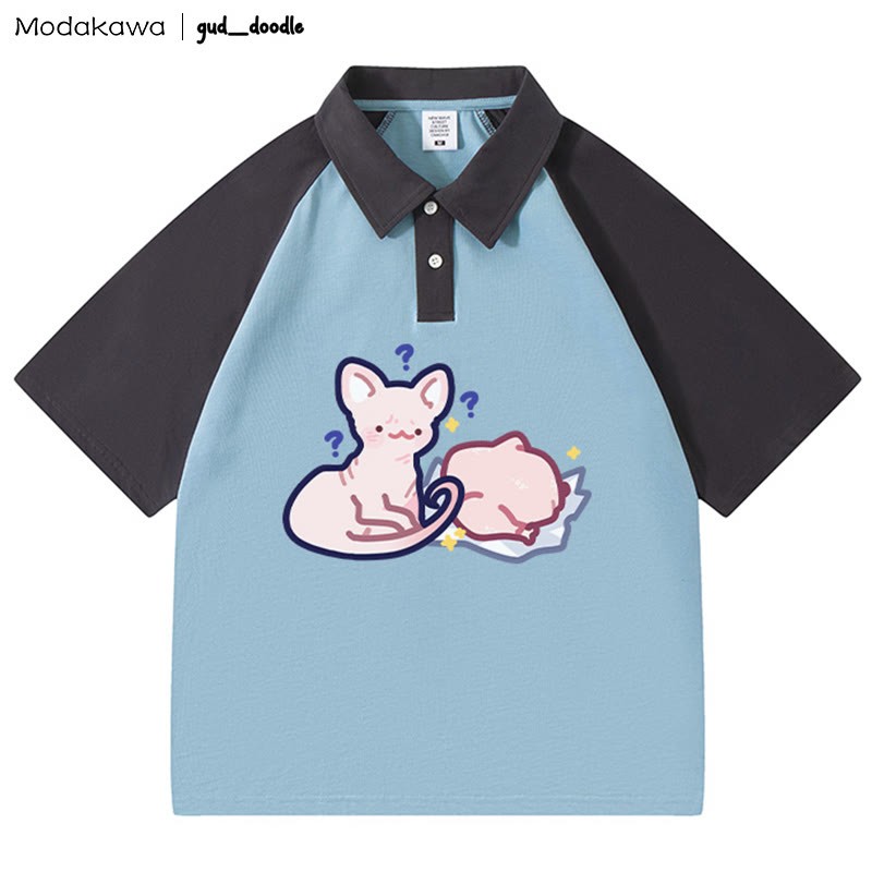 MODAKAWA X gud_doodleキティチキンレタープリントポロTシャツ - Blue&Grey - 4XL - image 6
