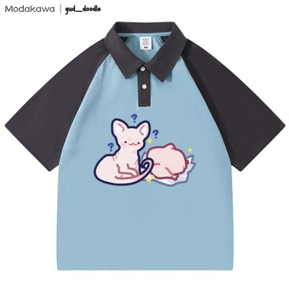 MODAKAWA X gud_doodleキティチキンレタープリントポロTシャツ - Blue&Grey - 4XL - image 6