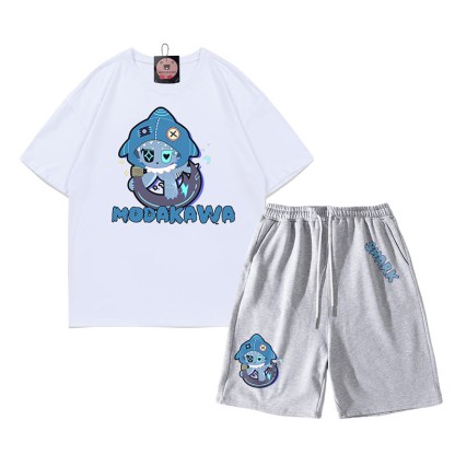 遊び心のあるサメのグラフィックがダークな美的Tシャツとショーツの2点セット - ホワイト＆グレー - あ - 5XL - image 10