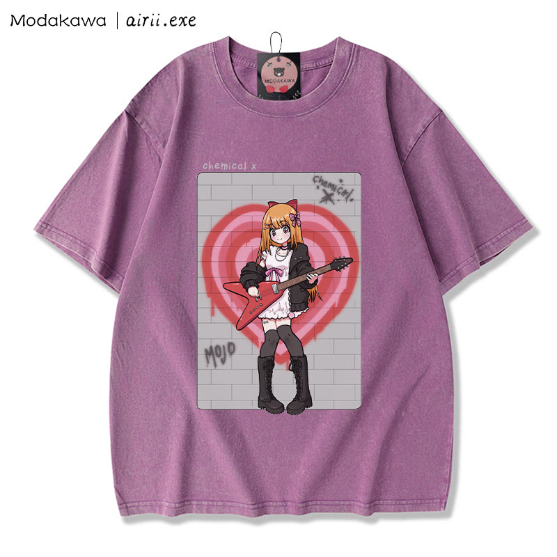 MODAKAWA X airii.exe CHEMICAL ギターガール レタープリント ヴィンテージウォッシュ加工100%綿ModakawaTシャツ - Purple - 3XL - image 3