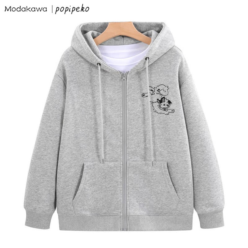 遊び心のある子犬のグラフィック ジップアップ フーディー スウェットシャツ - グレー - 5XL - image 5