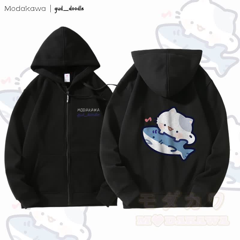 MODAKAWA X gud_doodleキティシャークグラフィック フリース裏地 ジップアップ パーカー スウェットシャツ - 黒 - 5XL - image 5
