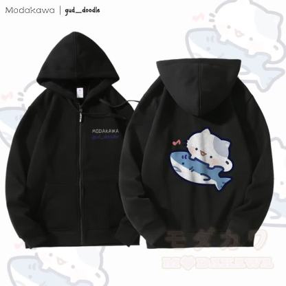 MODAKAWA X gud_doodleキティシャークグラフィック フリース裏地 ジップアップ パーカー スウェットシャツ - 黒 - 5XL - image 5
