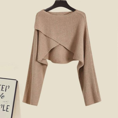 クロスニットセーターのフリル付きスリップドレスのマッチングアウトフィット - Khaki Sweater - XL - image 5