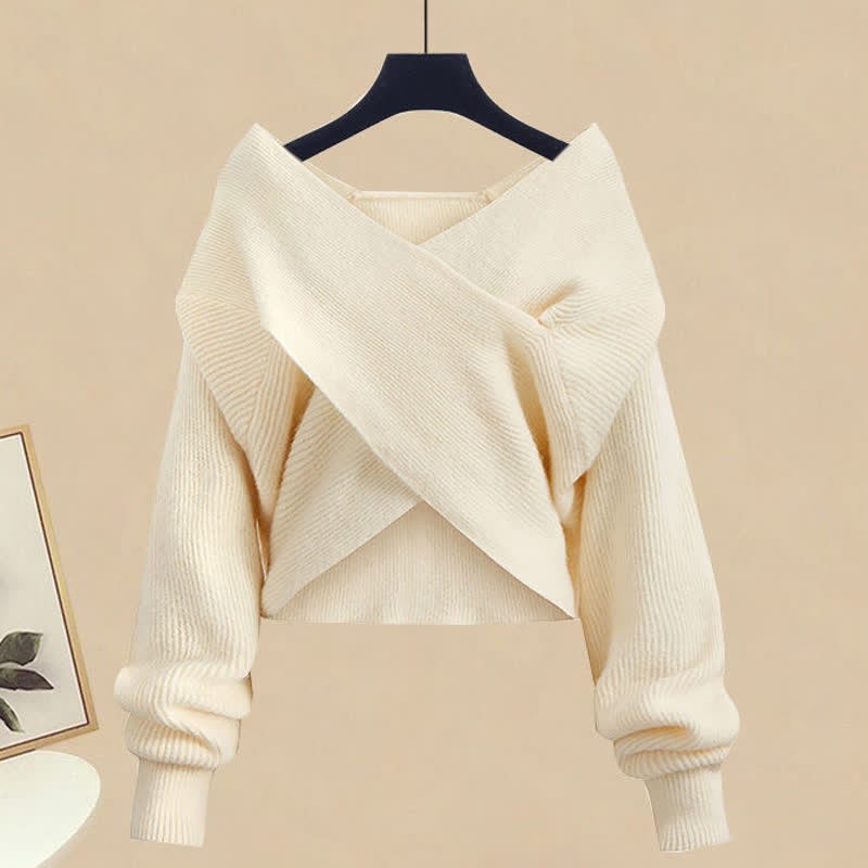 クロスニットセーター イレギュラーレースアップ スリップドレス マッチングアウトフィット - Apricot Sweater - XL - image 5