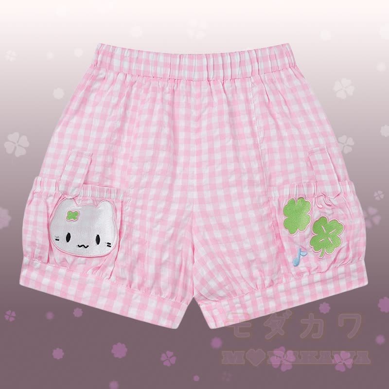 水玉模様の猫柄ワンショルダーTシャツとギンガムチェック柄ショートパンツのセット - ピンクのショートパンツ - L - image 6