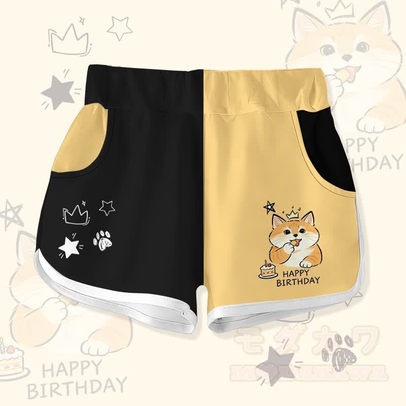 HAPPYバースデー かわいい猫ケーキ グラフィックModakawaカラーブロックショーツ - 黒と黄色 - 5XL - image 4