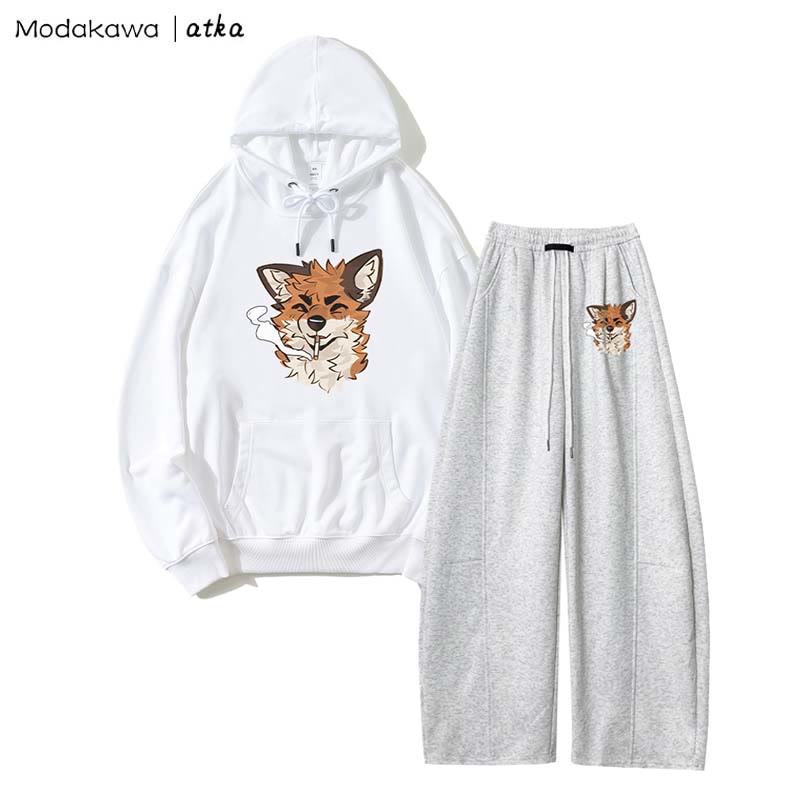 MODAKAWA X atka Fox スモーキンググラフィックパーカー ワイドレッグパンツ 2ピースセット - White&Grey - 5XL - image 3
