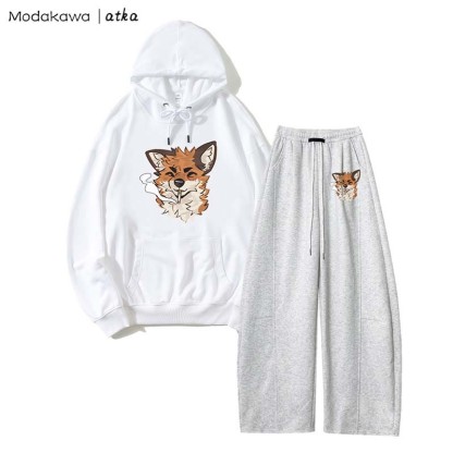MODAKAWA X atka Fox スモーキンググラフィックパーカー ワイドレッグパンツ 2ピースセット - White&Grey - 5XL - image 3
