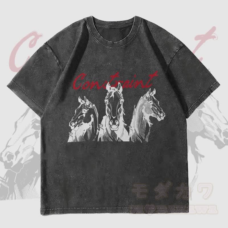 MODAKAWA CONSTRAINT 馬グラフィック ユニセックス ヴィンテージウォッシュTシャツ - 黒 - 4XL - image 4