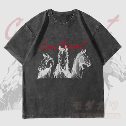 MODAKAWA CONSTRAINT 馬グラフィック ユニセックス ヴィンテージウォッシュTシャツ - 黒 - 4XL - image 4