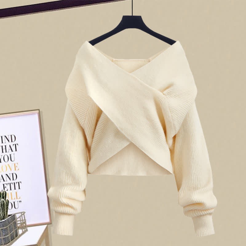 クロスニットセーターのフリルAラインスリップドレスとマッチングアウトフィット - Apricot Sweater - XL - image 9