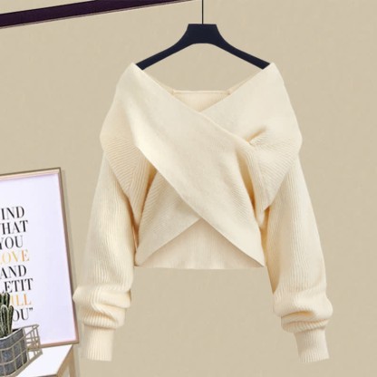 クロスニットセーターのフリルAラインスリップドレスとマッチングアウトフィット - Apricot Sweater - XL - image 9