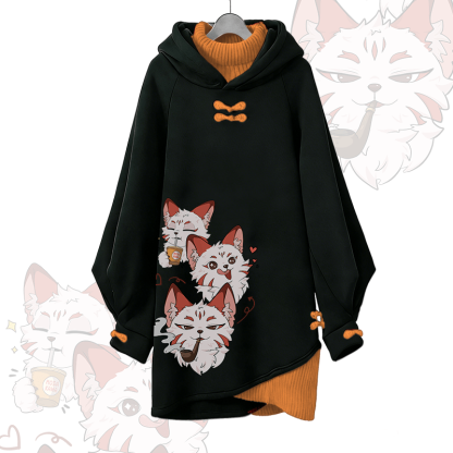 スモーキングレッドフォックスグラフィックModakawaバックル ヴィンテージ フード付きスウェットシャツドレス - Orange - 3XL - image 3