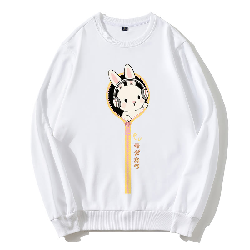 ヘッドフォンバニージッパーグラフィックラウンドカラースウェットシャツ - 白 - 5XL - image 5
