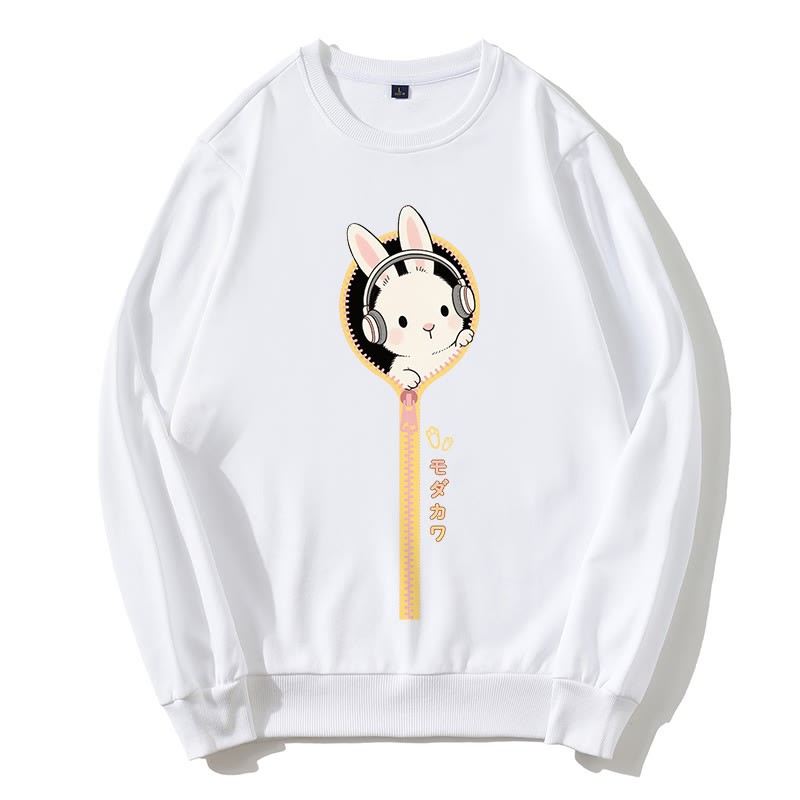 ヘッドフォンバニージッパーグラフィックラウンドカラースウェットシャツ - 白 - 5XL - image 5