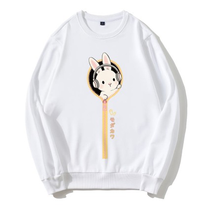ヘッドフォンバニージッパーグラフィックラウンドカラースウェットシャツ - 白 - 5XL - image 5
