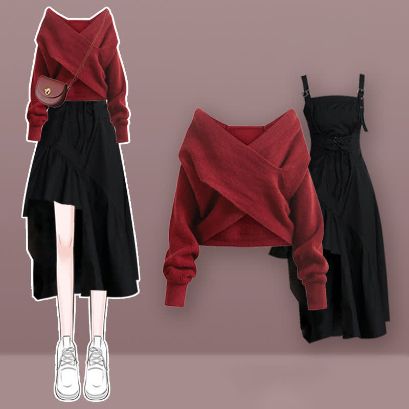 クロスニットセーター イレギュラーレースアップ スリップドレス マッチングアウトフィット - image 2