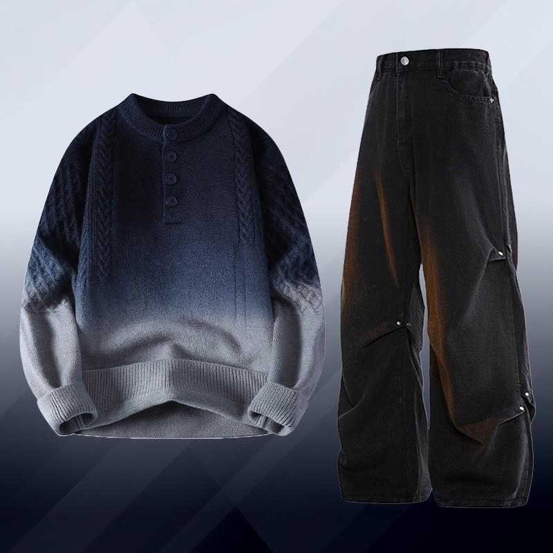 グラデーションケーブルニットセーター デニムパンツ ツーピース - Set C - 3XL - image 3