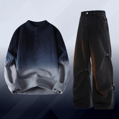 グラデーションケーブルニットセーター デニムパンツ ツーピース - Set C - 3XL - image 3