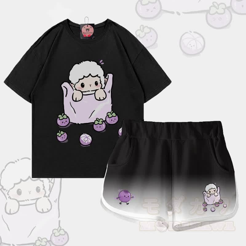 羊柄ブルーベリーグラフィック100%綿Tシャツ グラデーションショーツModakawaツーピースセット - セットC - 5XL - image 3