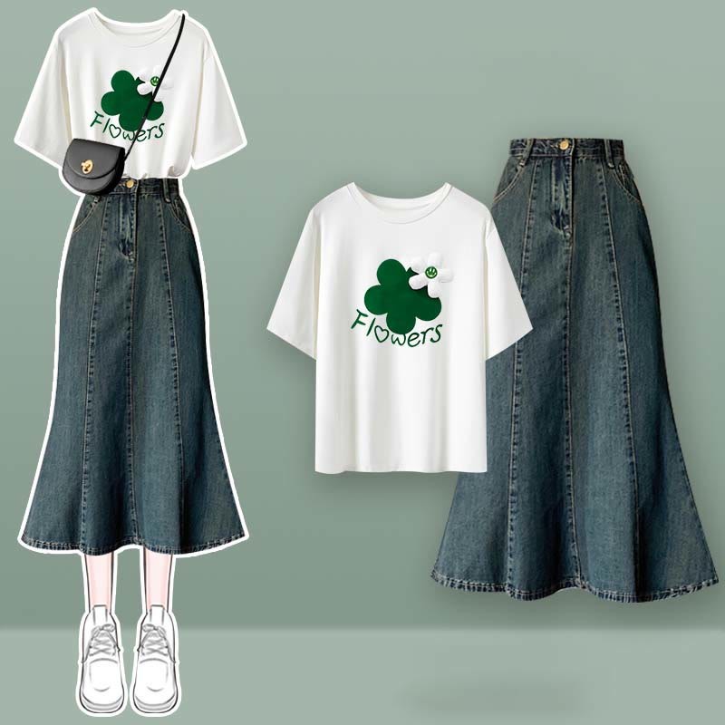 ボウノットバタフライチュールクロップトップTシャツフィッシュテールデニムスカート2ピースセット - WhiteB Set - XL - image 5