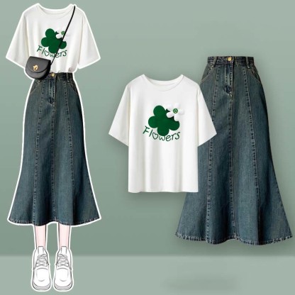 ボウノットバタフライチュールクロップトップTシャツフィッシュテールデニムスカート2ピースセット - WhiteB Set - XL - image 5