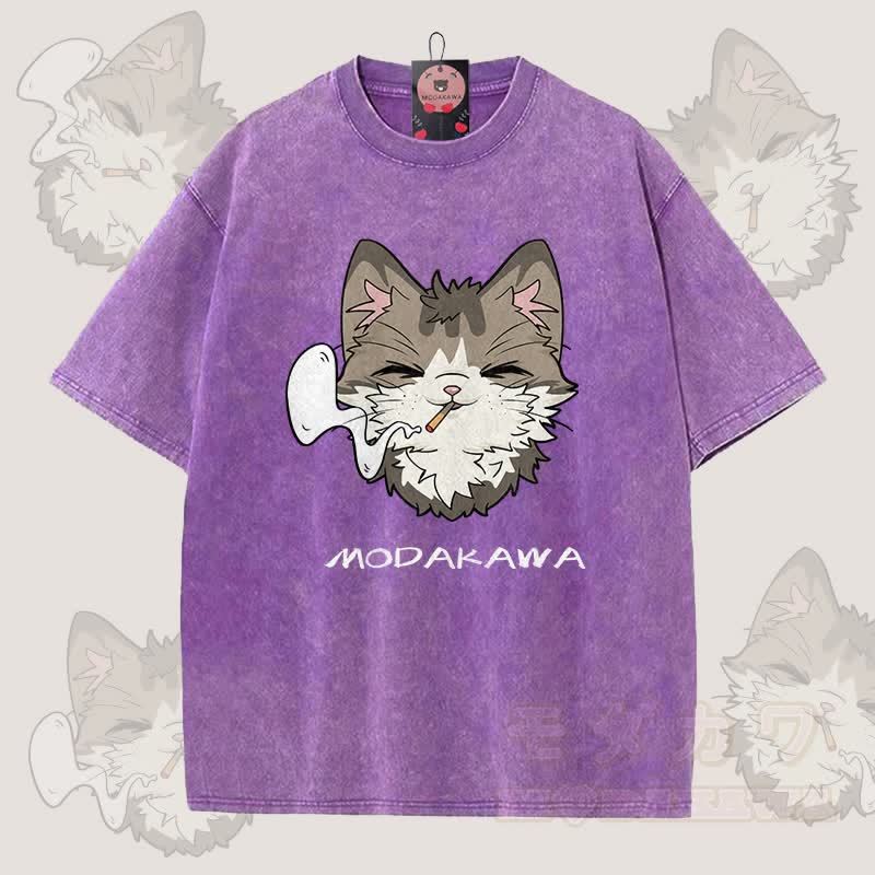 MODAKAWA スモーキングキャットグラフィック ユニセックス ヴィンテージウォッシュTシャツ - 紫 - 5XL - image 7