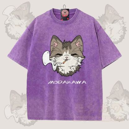 MODAKAWA スモーキングキャットグラフィック ユニセックス ヴィンテージウォッシュTシャツ - 紫 - 5XL - image 7
