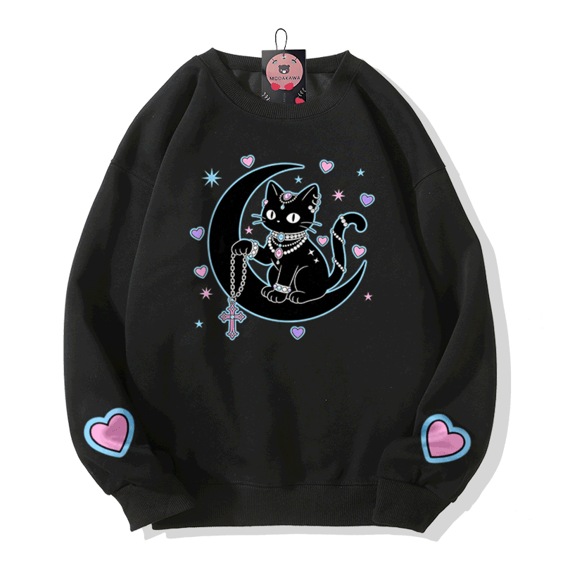 占星術黒猫グラフィックModakawaスウェットシャツ - Black - 5XL - image 2