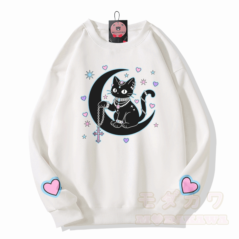 占星術黒猫グラフィックModakawaスウェットシャツ - 白 - 5XL - image 4