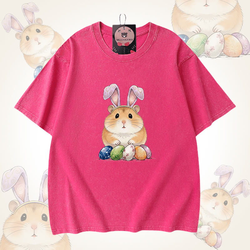 イースターエッグハムスターグラフィックModakawaユニセックス ヴィンテージウォッシュドTシャツ - Rose Red - 5XL - image 8