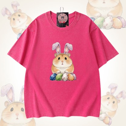 イースターエッグハムスターグラフィックModakawaユニセックス ヴィンテージウォッシュドTシャツ - Rose Red - 5XL - image 8