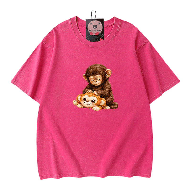 PUNCH モンキーグラフィックModakawaヴィンテージウォッシュ加工100%綿Tシャツ - Rose Red - 5XL - image 6