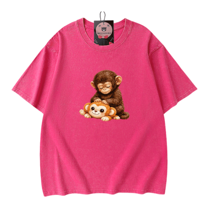 PUNCH モンキーグラフィックModakawaヴィンテージウォッシュ加工100%綿Tシャツ - Rose Red - 5XL - image 6