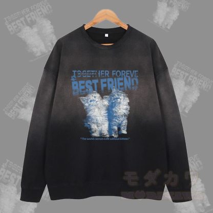 MODAKAWA BEST FRIEND キャットグラフィック ヴィンテージウォッシュドグラデーション ユニセックス スウェットシャツ - 黒 - 2XL - image 3