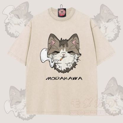 MODAKAWA スモーキングキャットグラフィック ユニセックス ヴィンテージウォッシュTシャツ - アプリコット - 5XL - image 4