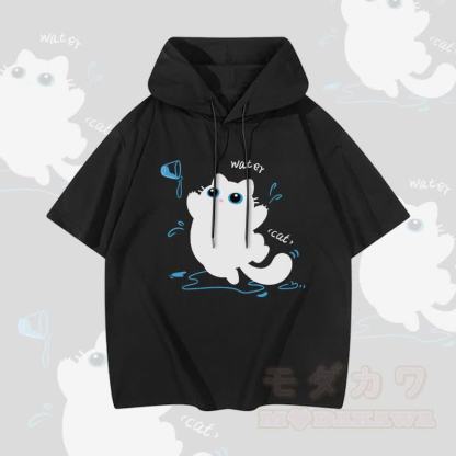 MODAKAWA 水と猫のグラフィック半袖パーカー - 黒 - 3XL - image 4